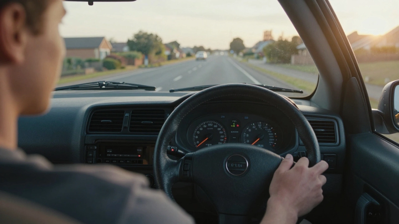 Driver's view of car dashboard showing RPM spike without speed gain