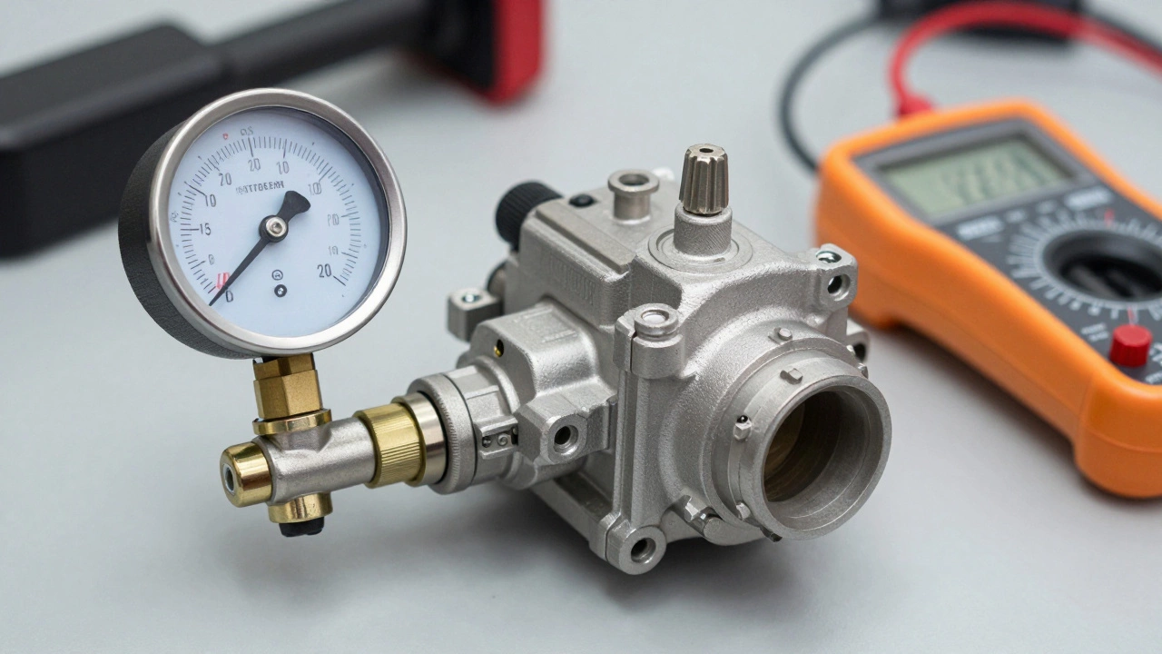 Fuel pump and pressure gauge on mechanic's workbench