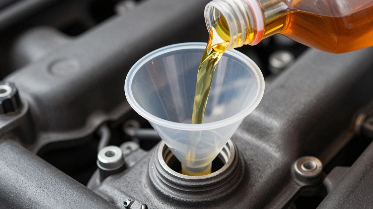 Golden motor oil pouring through a funnel into a car engine filler neck