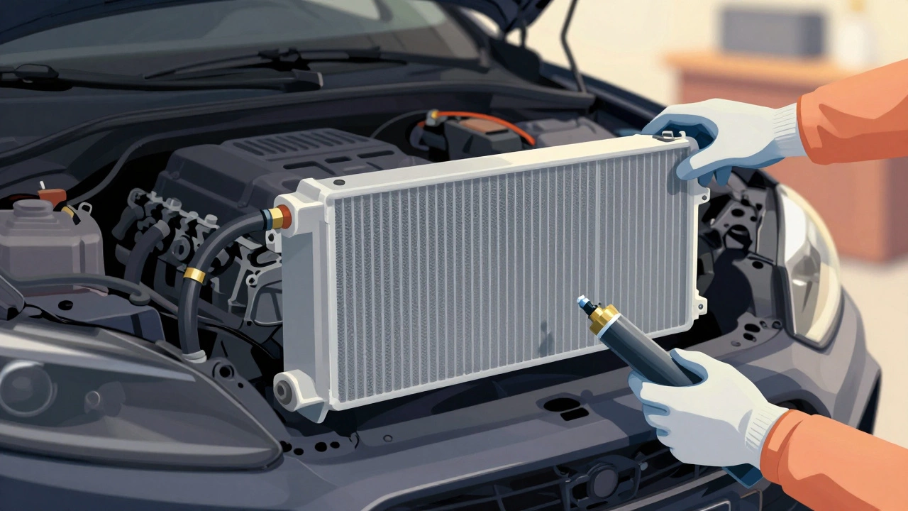 Illustration of hands removing an old car radiator during a DIY replacement process.
