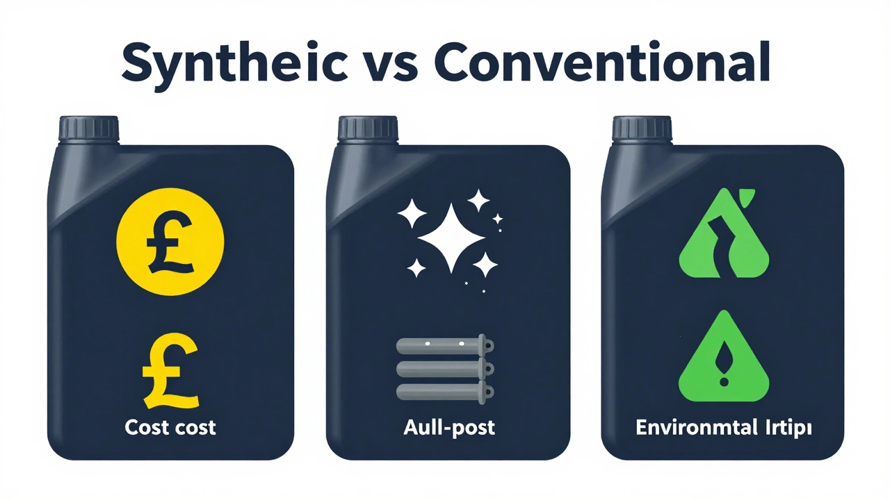 Infographic detailing the drawbacks of synthetic oil including higher cost, aggressive cleaning, and poor compatibility with old seals compared to conventional oil.