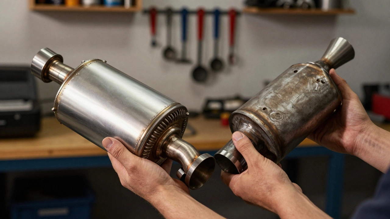 Mechanic comparing an aftermarket sport muffler with a factory original silencer