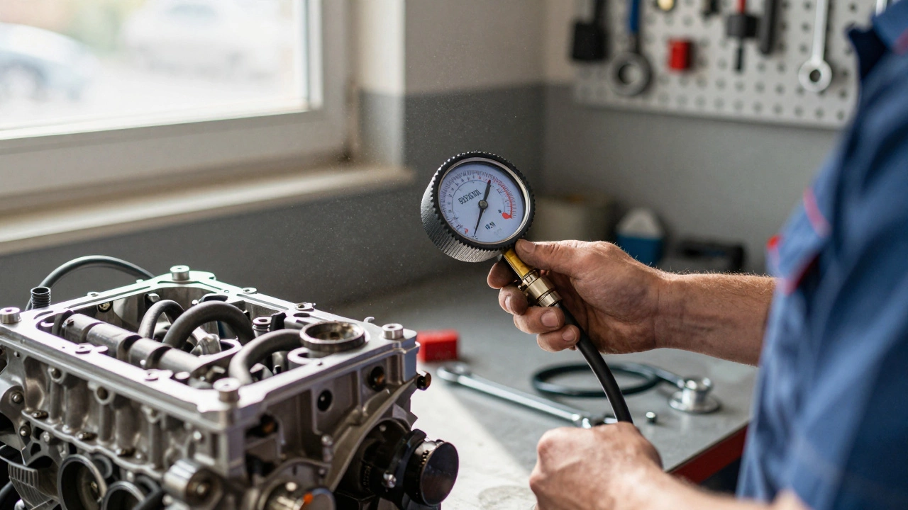 Mechanic testing fuel pressure with gauge on engine in garage