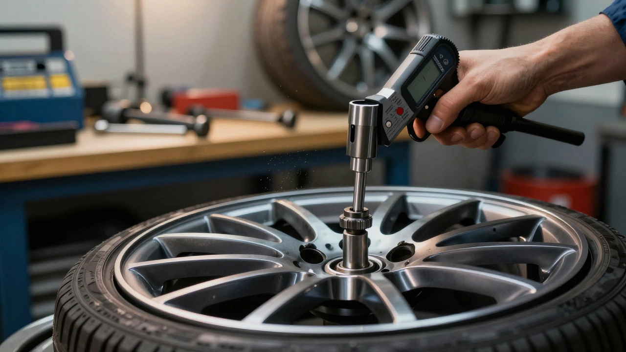 Mechanic using torque wrench to install alloy wheel in professional garage