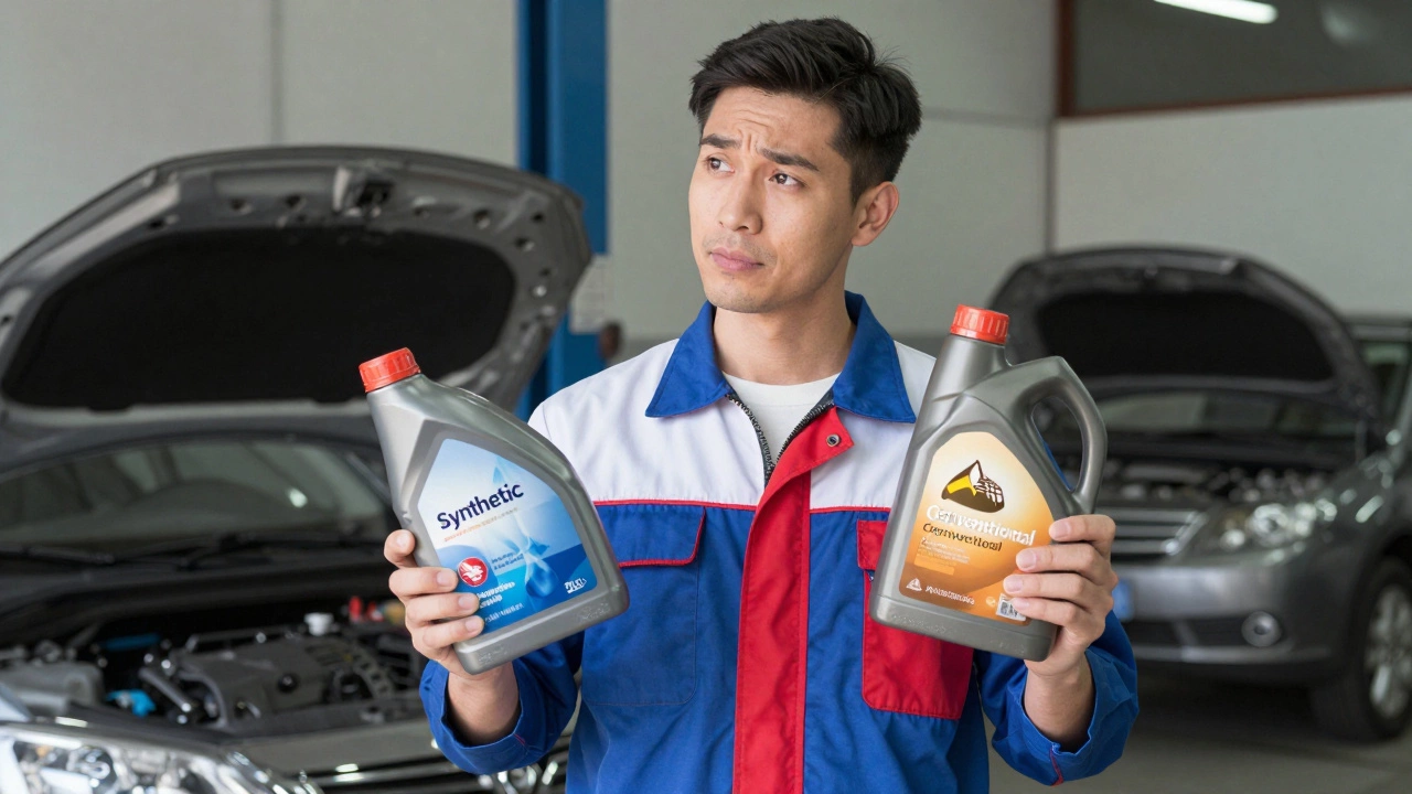Mechanic weighing options between synthetic and conventional oil bottles, symbolizing the careful consideration needed for vehicle maintenance decisions.