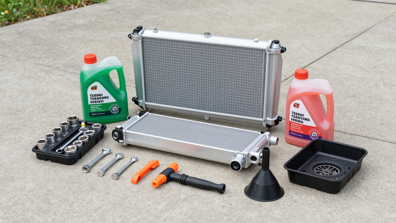 New car radiator and essential DIY tools like sockets and coolant laid out on a driveway.