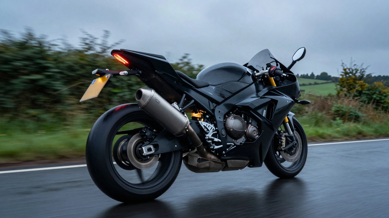 Sportbike with full titanium exhaust speeding on a wet UK road