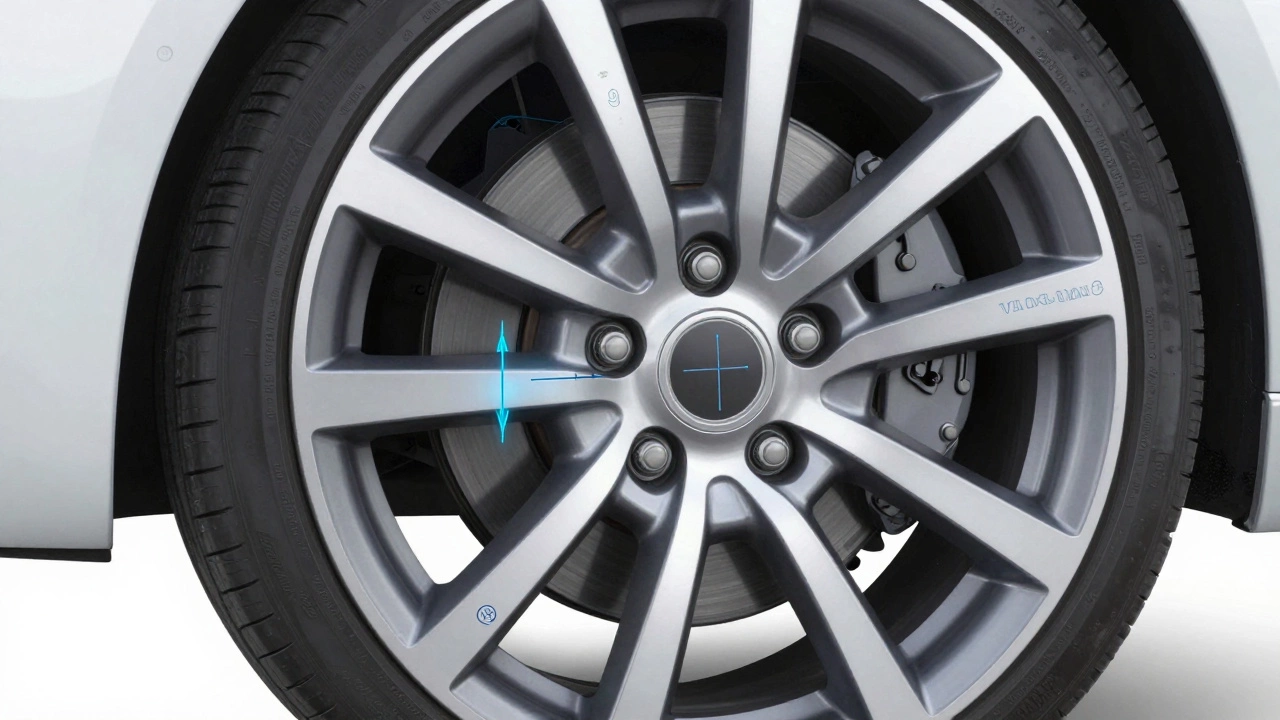 Technical diagram highlighting wheel fitment specs like bolt pattern and offset