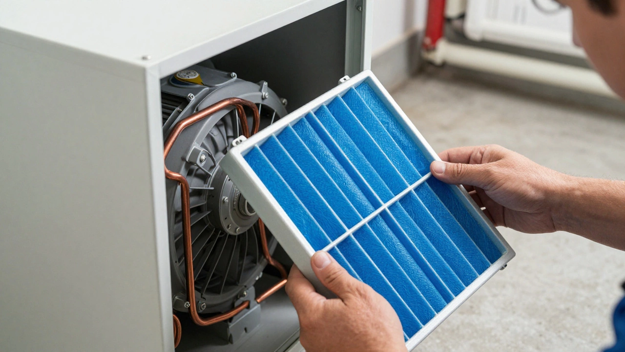 Technician installing a pleated filter into an open furnace cabinet.