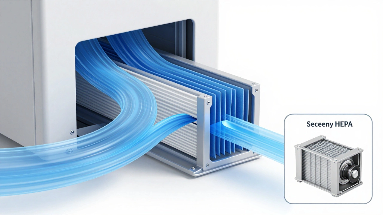 3D render of HVAC airflow passing through a single primary filter slot