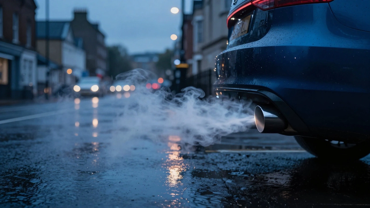 Blue-grey smoke emitting from a car exhaust pipe