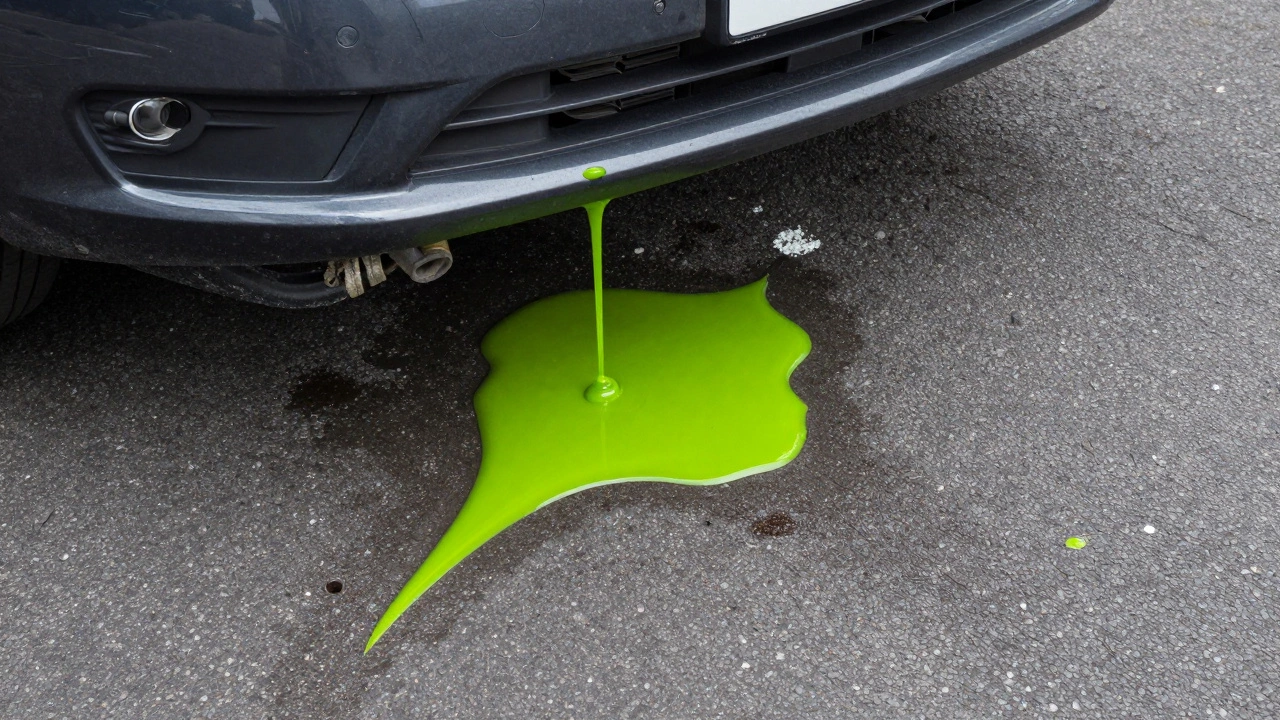 Bright green coolant puddle leaking onto asphalt under a parked car