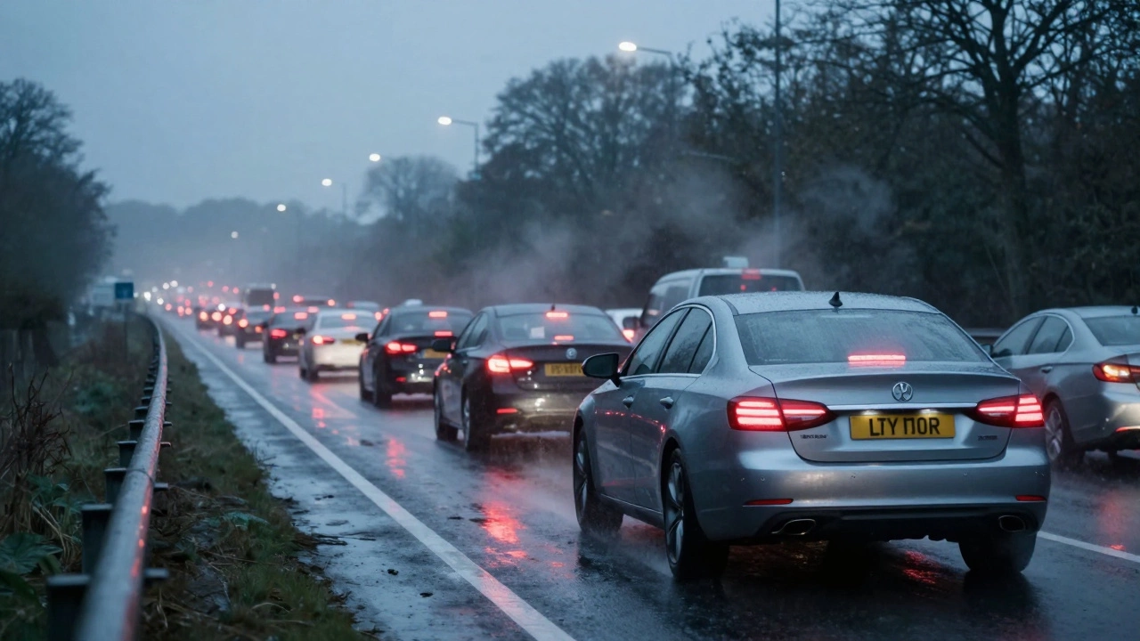 Car stuck in heavy rainy traffic on a UK motorway, illustrating severe driving.