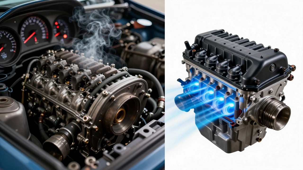 Conceptual image showing engine misfire versus efficient combustion