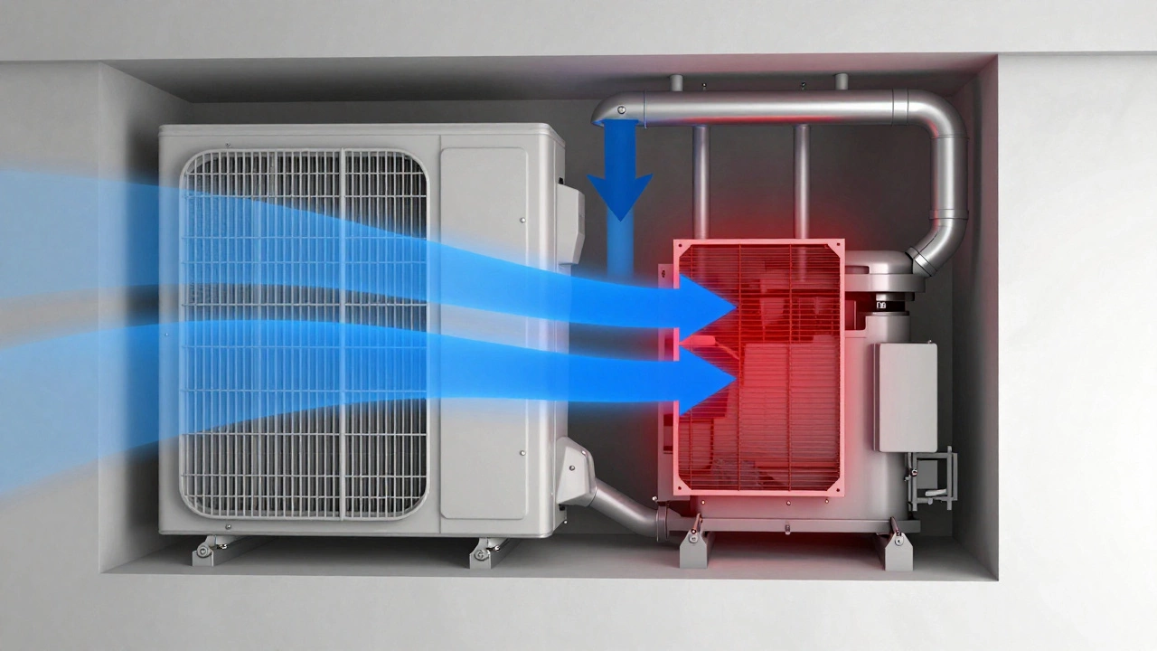 Cross-section of an AC unit showing airflow through a clean filter to coils