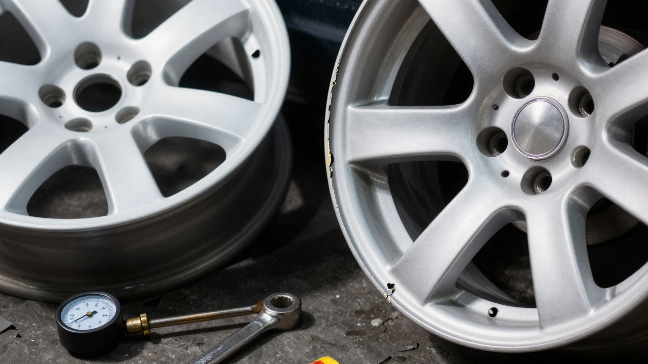 Damaged thin-lip rim next to a durable high-quality wheel in a workshop