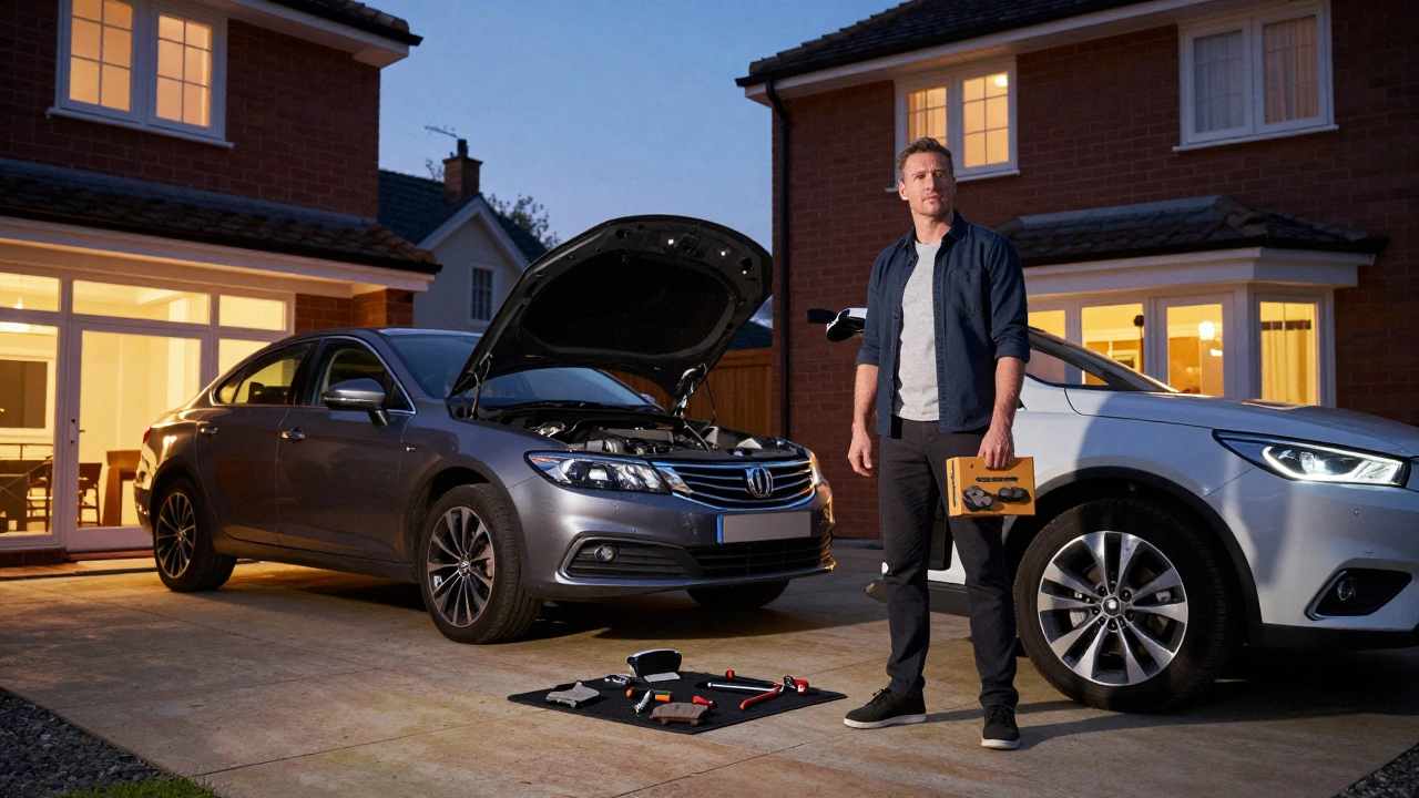 Homeowner preparing to change brake pads in a driveway