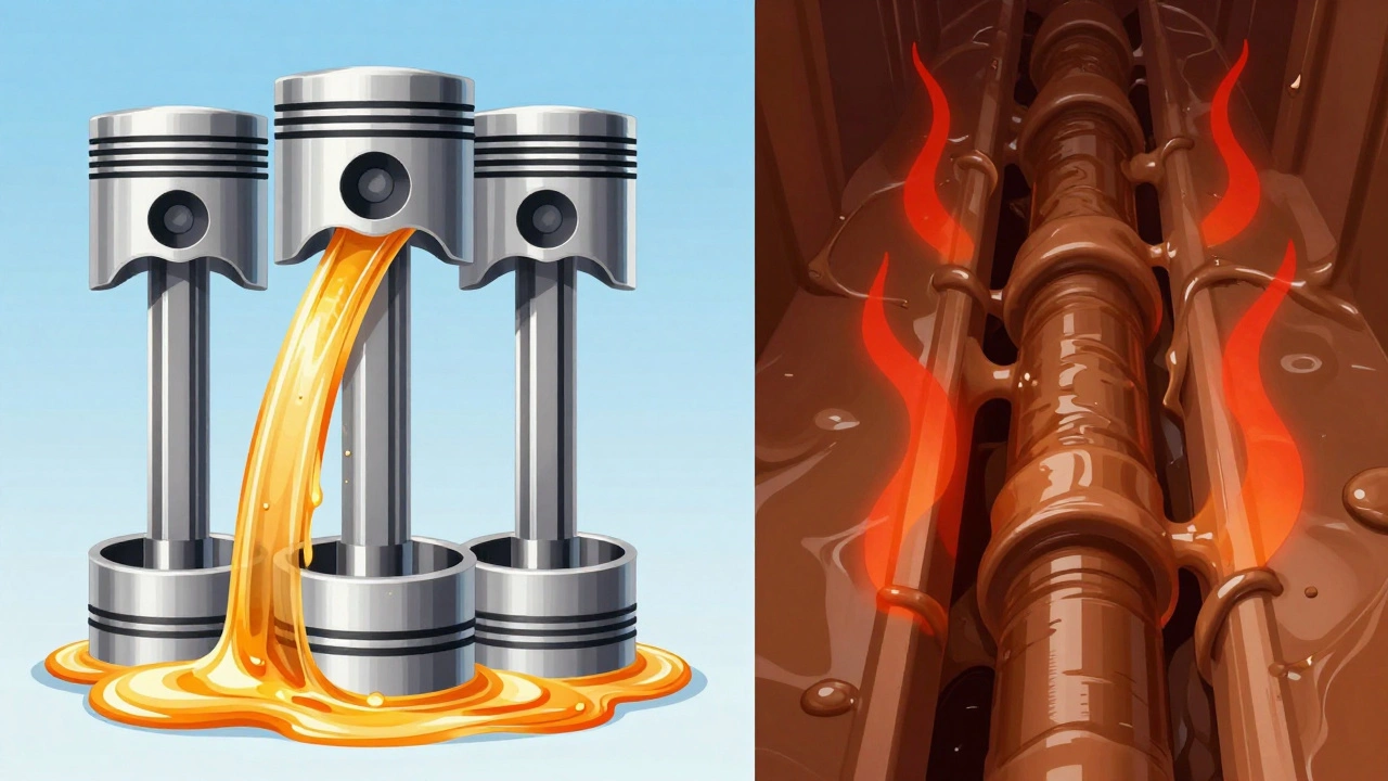 Illustration comparing clean oil flow versus sludge-clogged engine parts.