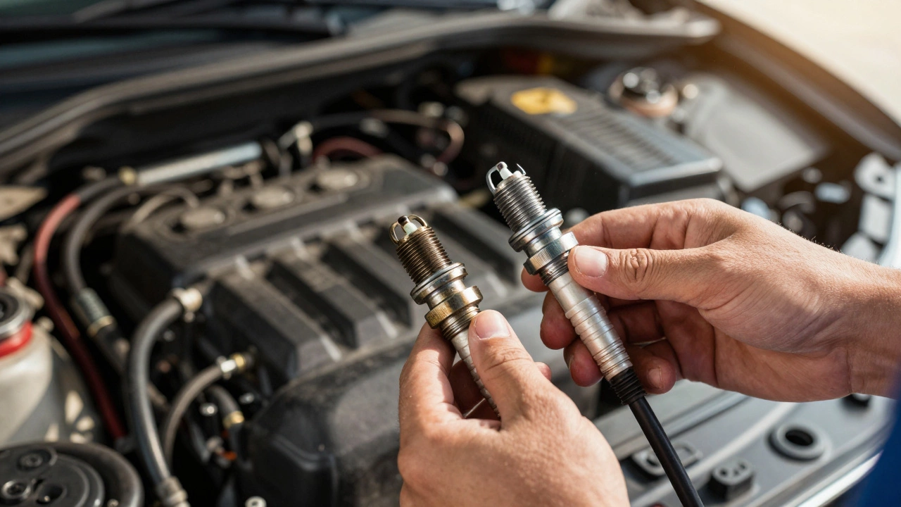 Mechanic comparing a worn spark plug with a new one
