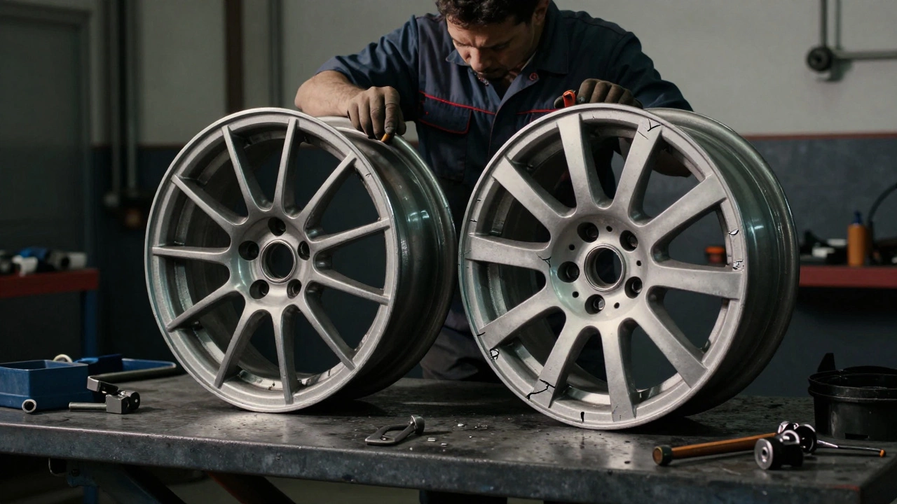 Mechanic inspecting a cracked alloy wheel next to a bent steel wheel