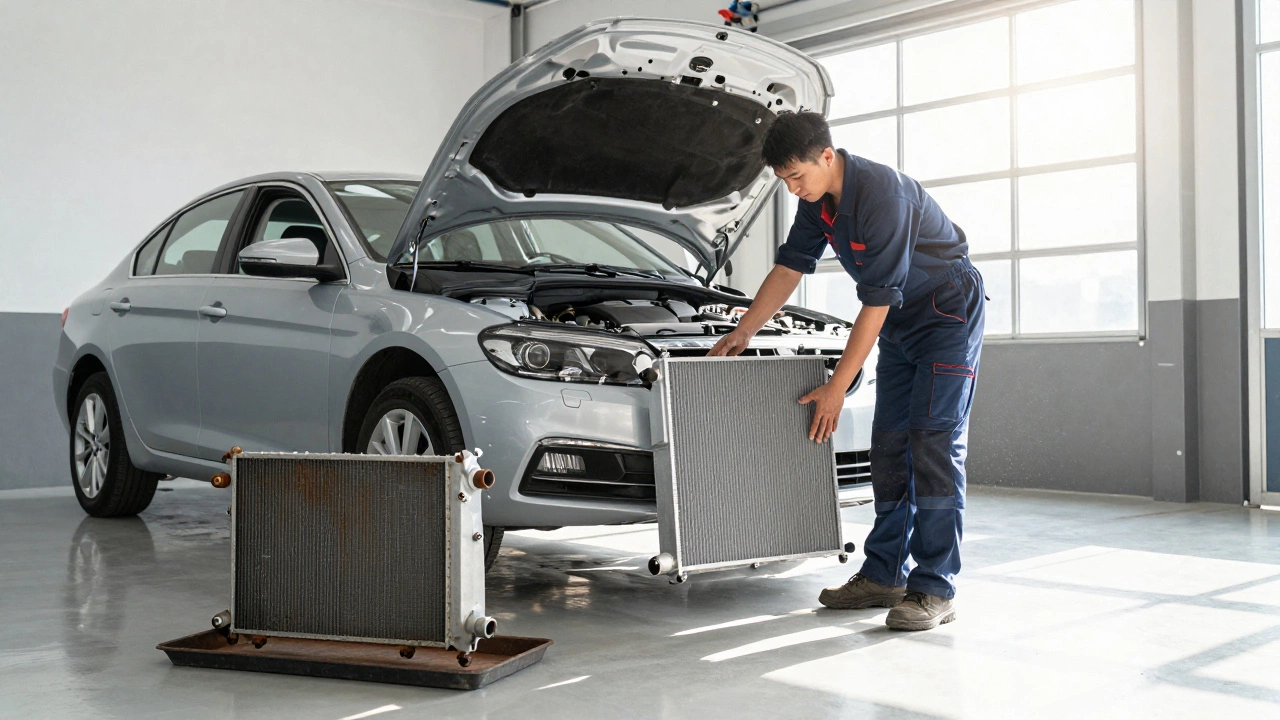 Mechanic installing a new shiny radiator into a car engine bay in a bright garage.