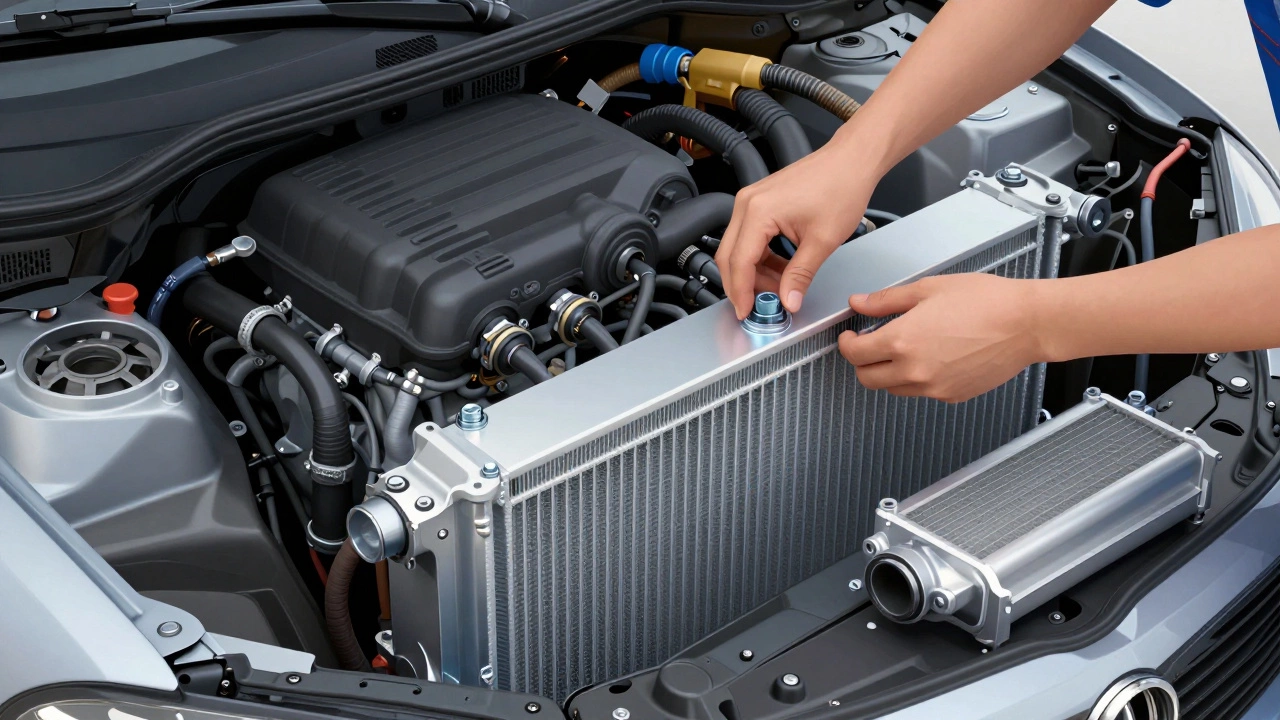 Mechanic removing obstructing components to access car radiator