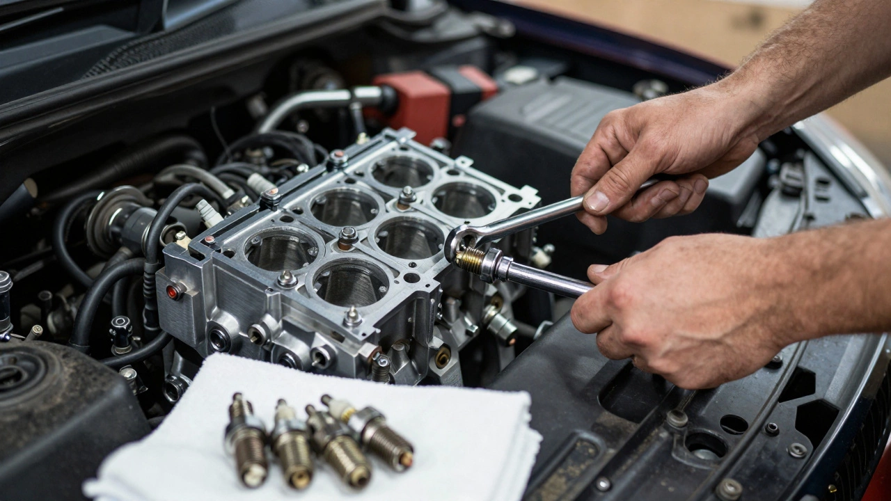 Mechanic using torque wrench to install spark plug in engine bay