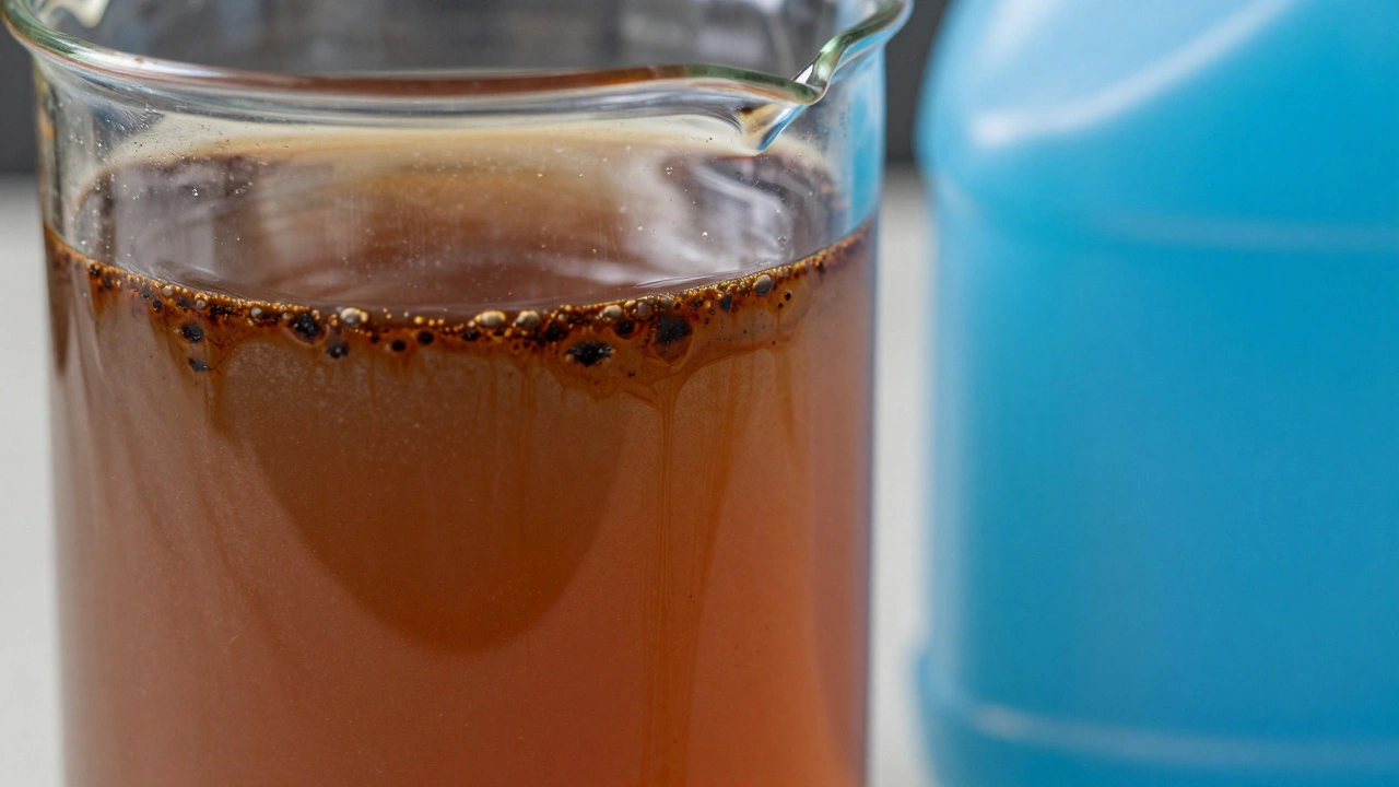 Murky rusty brown coolant with sludge compared to fresh clear fluid