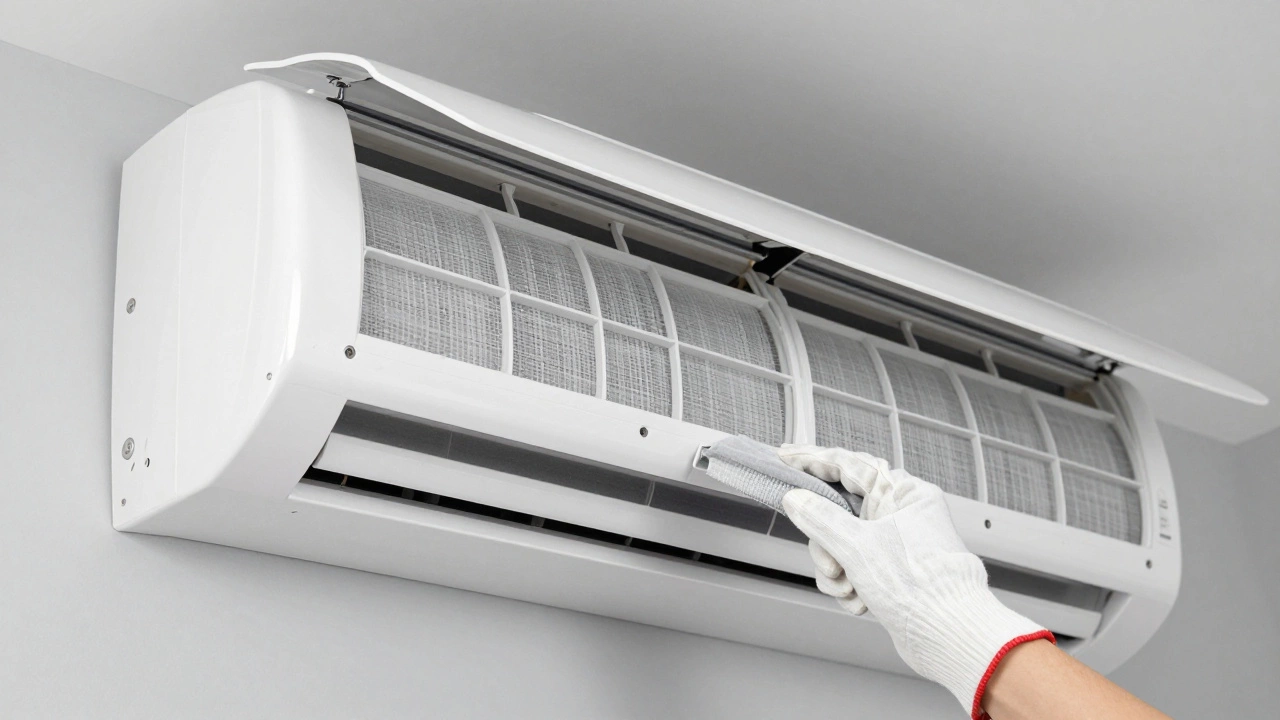 Open mini-split AC unit showing two washable mesh filters for cleaning