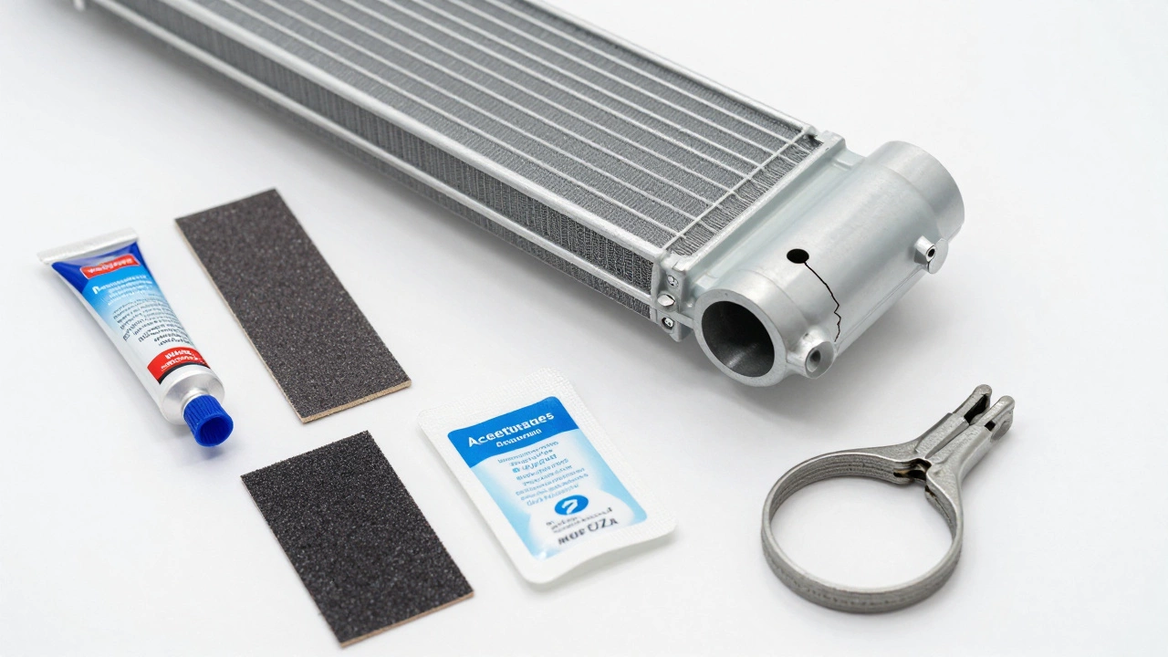 Radiator repair kit including epoxy and clamps next to a cracked plastic radiator tank.