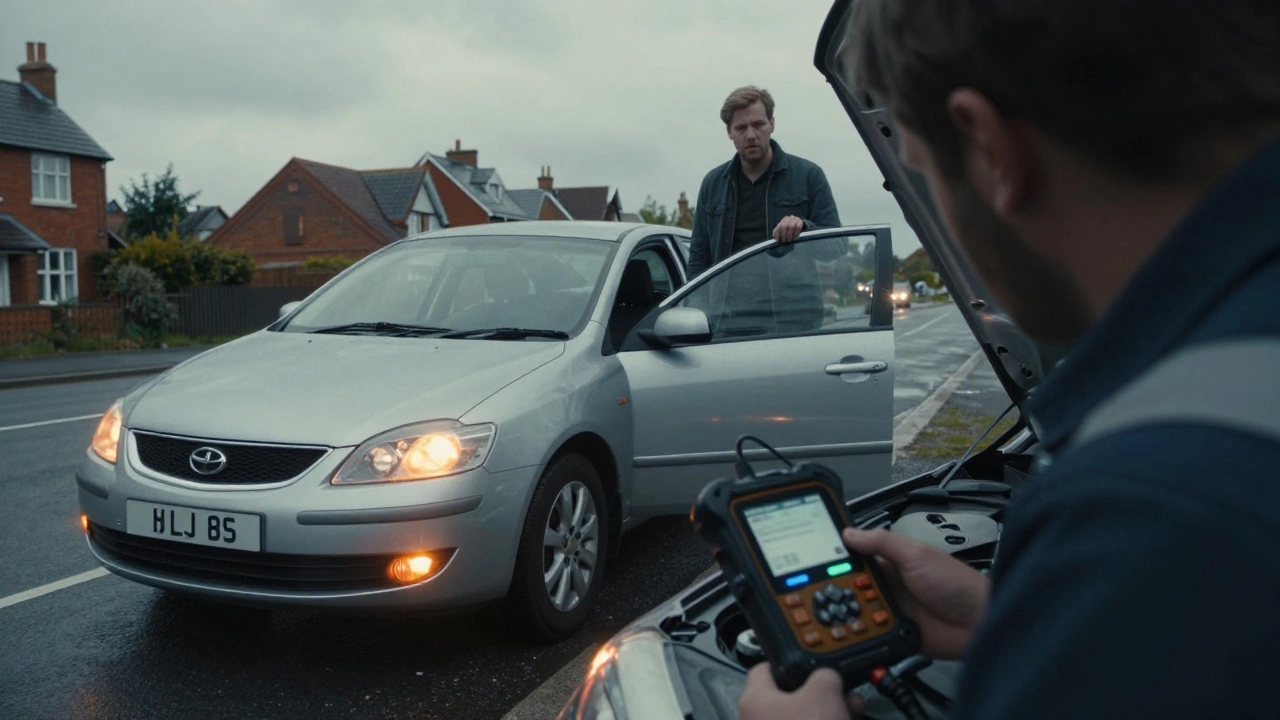 Stalled car on UK roadside with hazard lights flashing