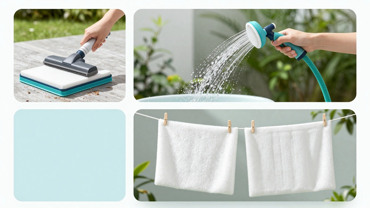 Three stages of cleaning a foam AC filter: vacuuming, rinsing, and drying