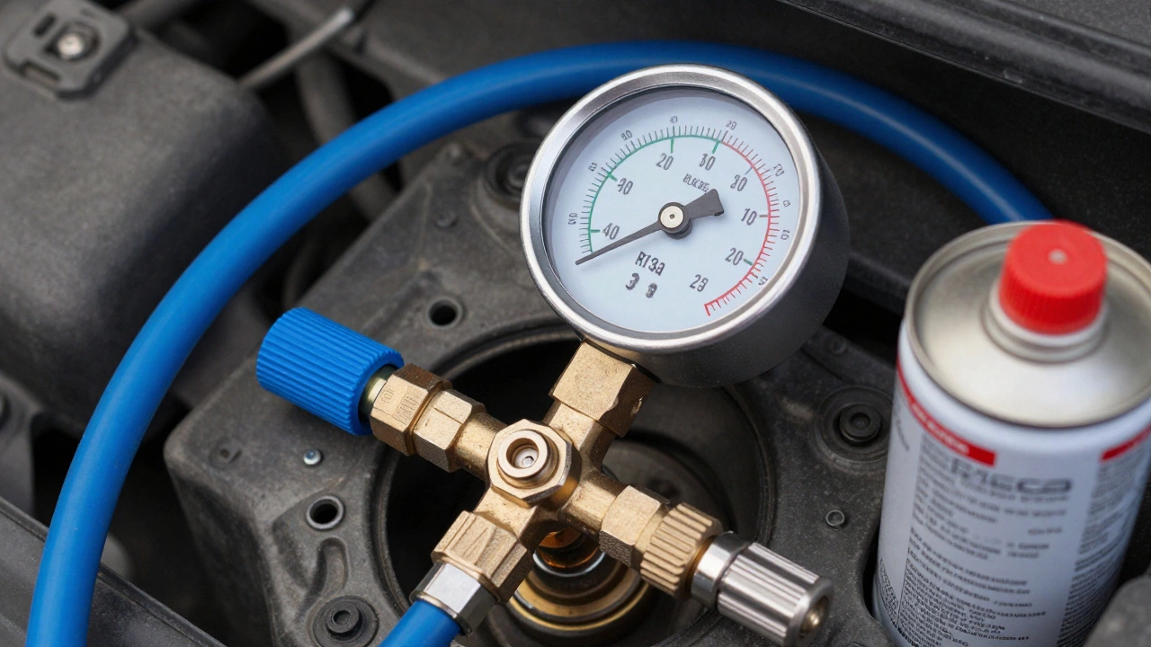AC pressure gauge showing low PSI reading on car service port