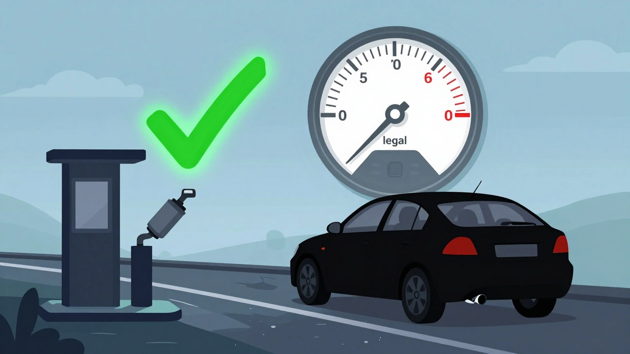 Car approaching MOT test with legal noise level indicator