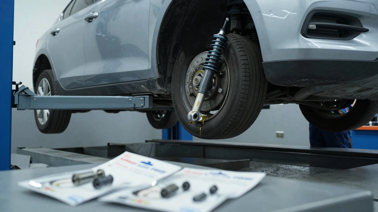 Car on lift with leaking shock absorber being inspected by mechanic