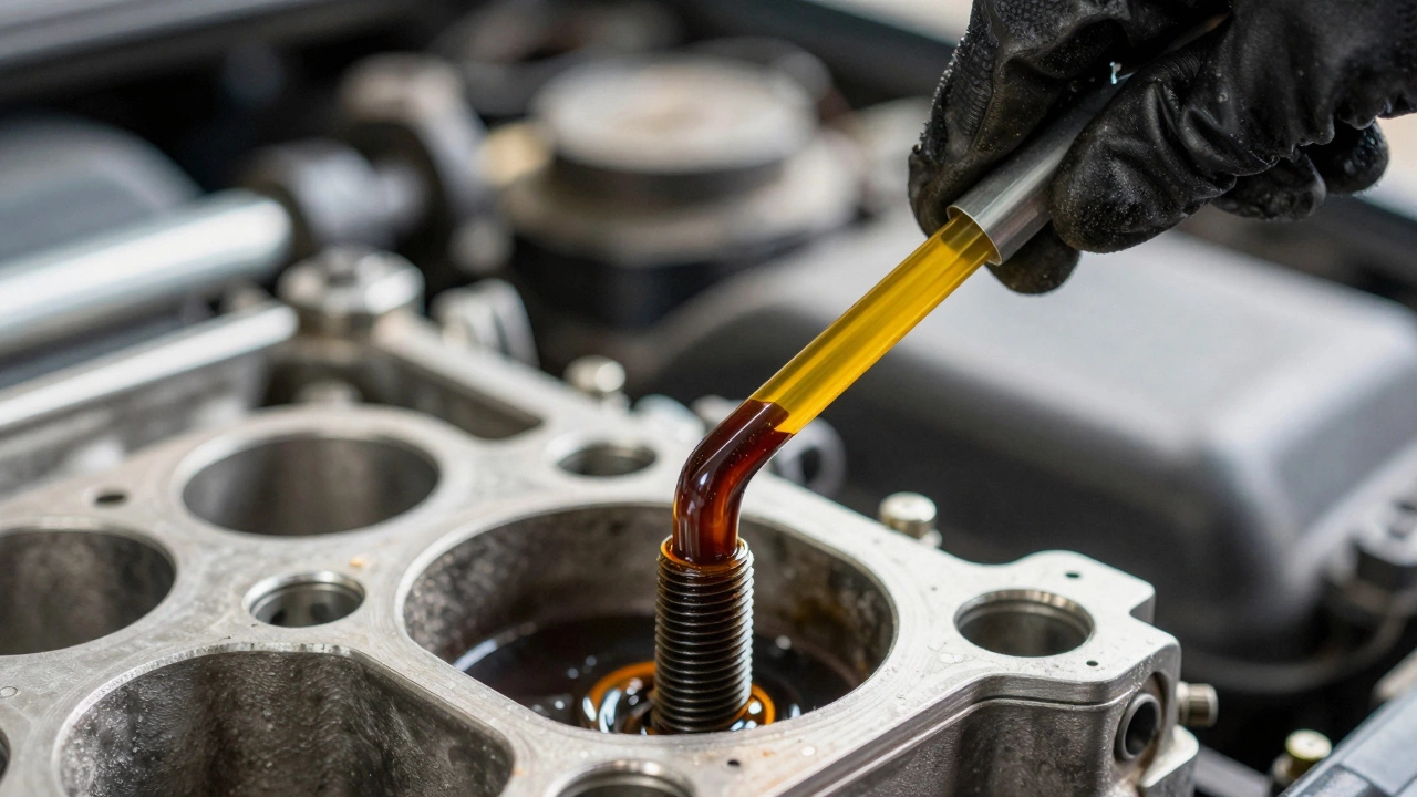 Close-up of a dirty oil dipstick held by a mechanic's gloved hand.