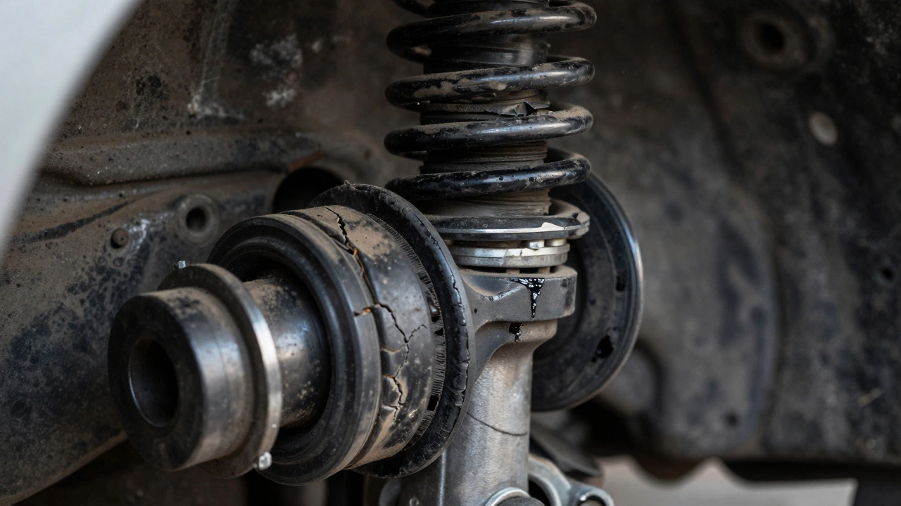 Close-up of cracked rubber bushings and worn control arm