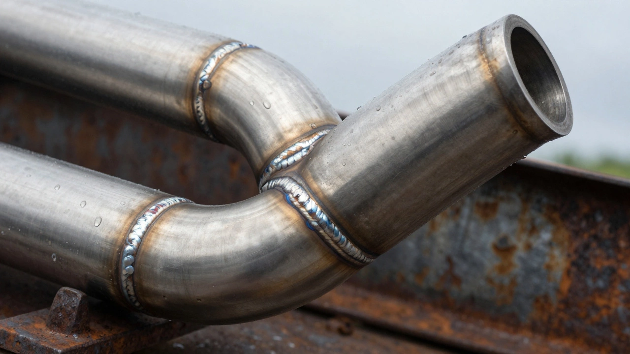 Close up of shiny stainless steel exhaust vs rusted mild steel parts