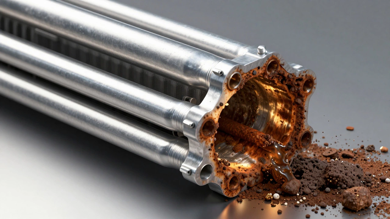 Cross-section showing clean vs corroded radiator tubes