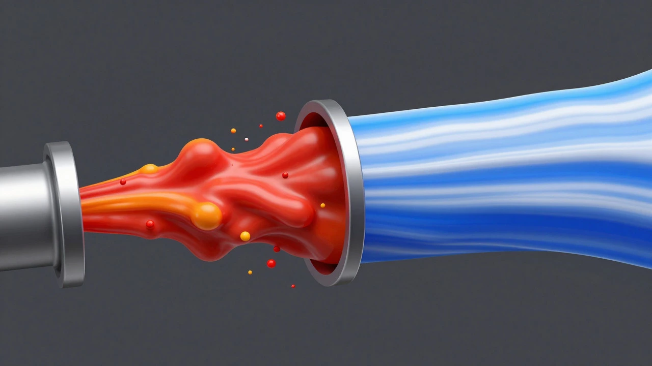 Diagram showing smooth vs turbulent exhaust gas flow in different pipe sizes