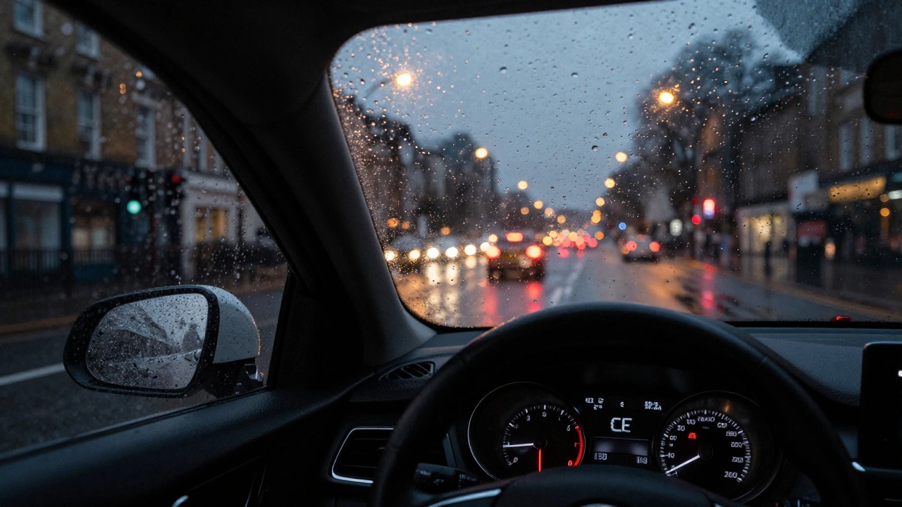 Driver's view of a car dashboard with a red brake warning light on a rainy night