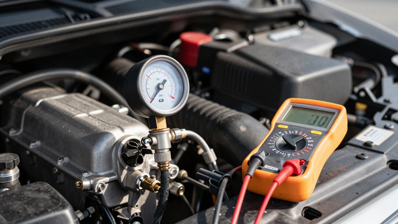 Fuel pressure gauge and multimeter testing car engine