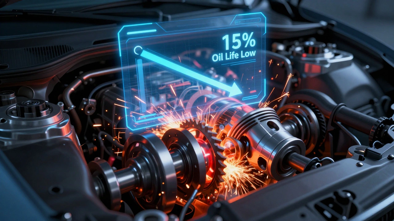 Illustration of engine parts grinding without oil, overlaid with a low oil life monitor.