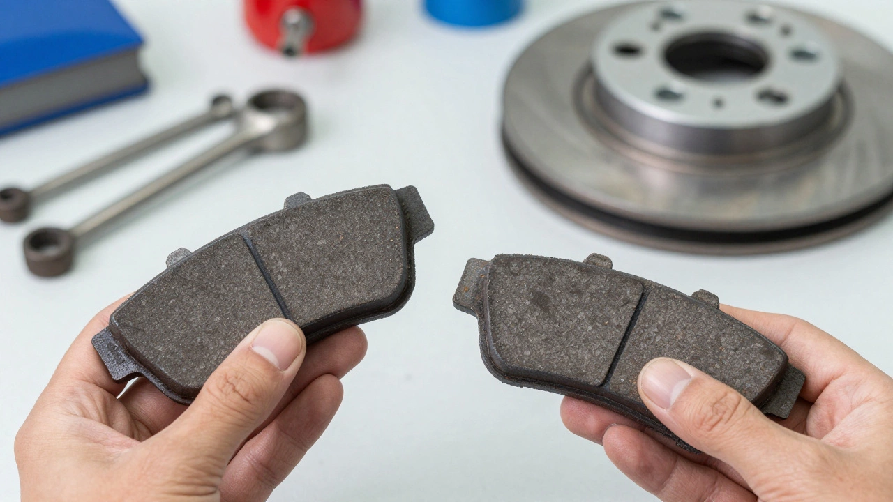 Mechanic comparing a new thick brake pad with an old worn-down metal pad