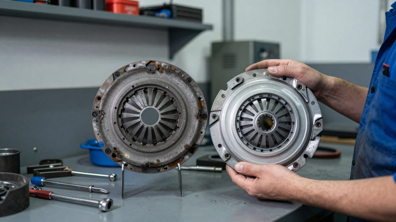 Mechanic comparing worn and new clutch discs