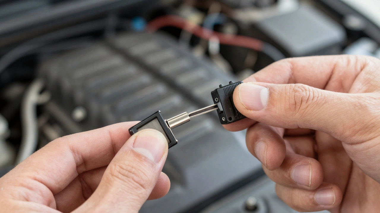Mechanic inspecting a blown fuse and relay in engine bay