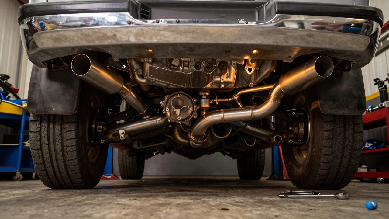 Mechanic installing a 3-inch exhaust system under a lifted truck in a garage
