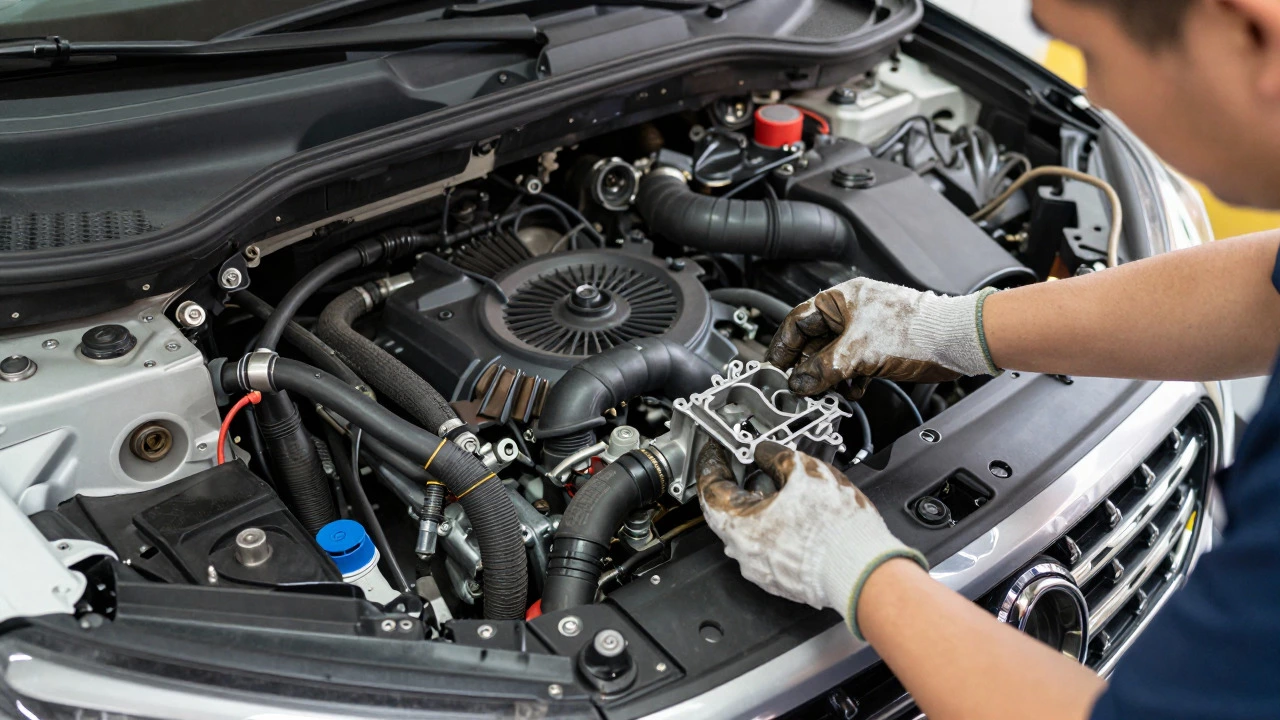 Mechanic replacing thermostat and inspecting cooling system components