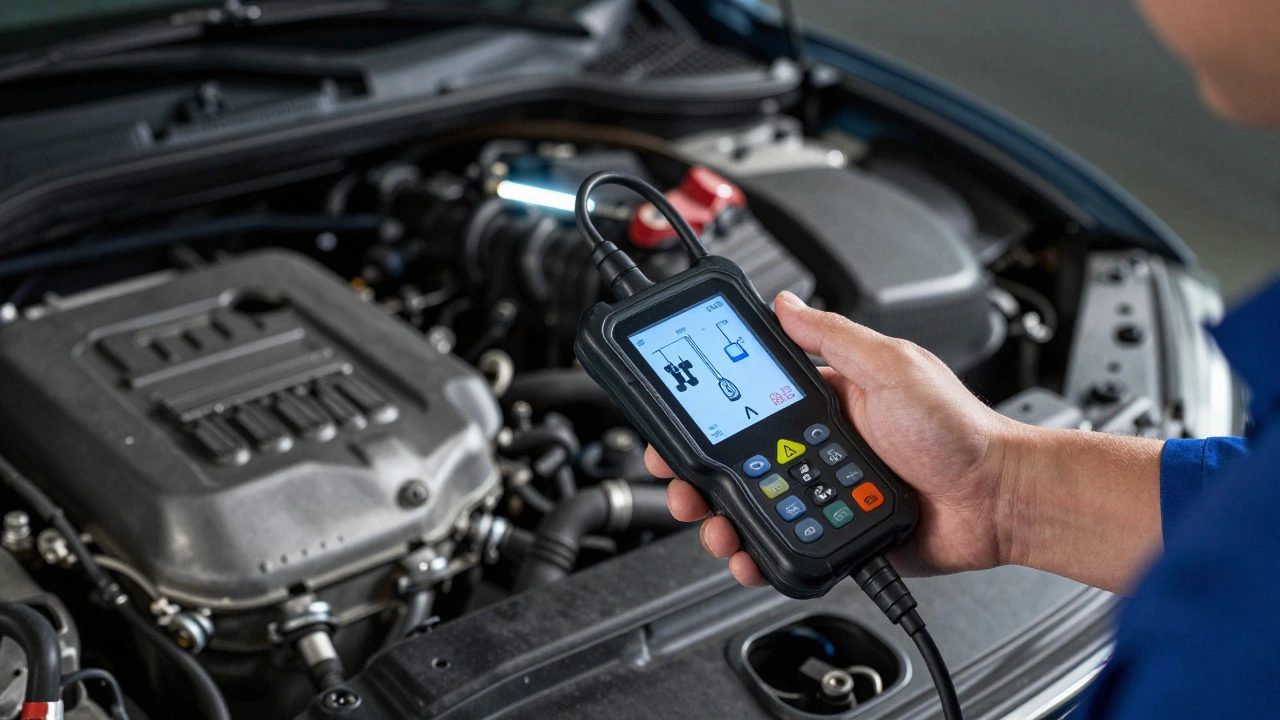Mechanic using diagnostic tool on car engine
