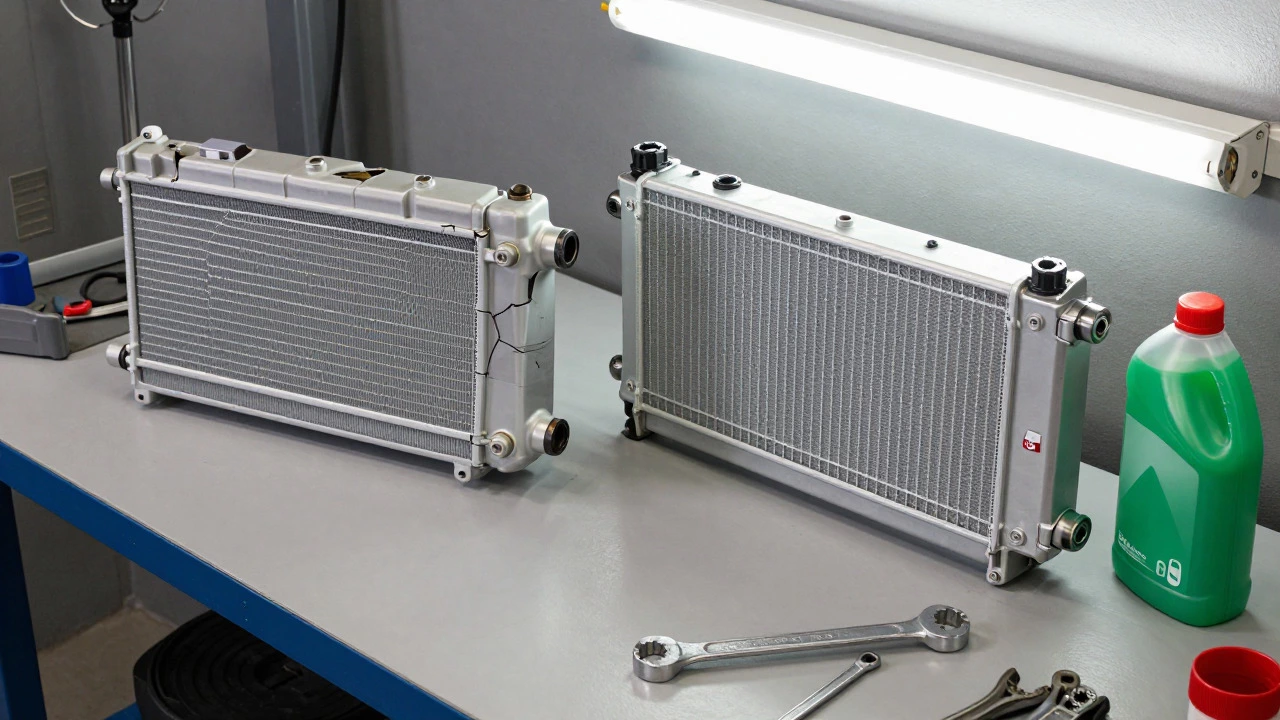 New and damaged car radiators on a mechanic's workbench